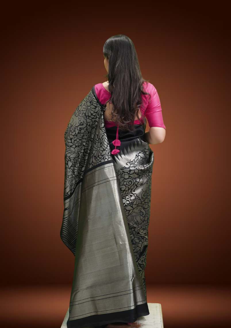Classic Black Kanjivaram Silk Saree with Sikarka Jal Weave