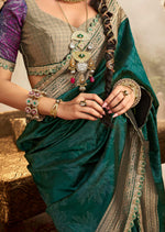 Load image into Gallery viewer, Green Banarasi Silk Saree with Golden Zari Work
