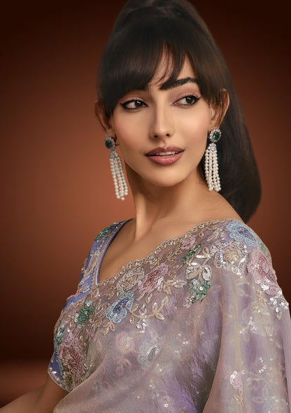 Dusty Lilac Tissue Organza Saree with Sequins Work & Pastel Lavender Blouse