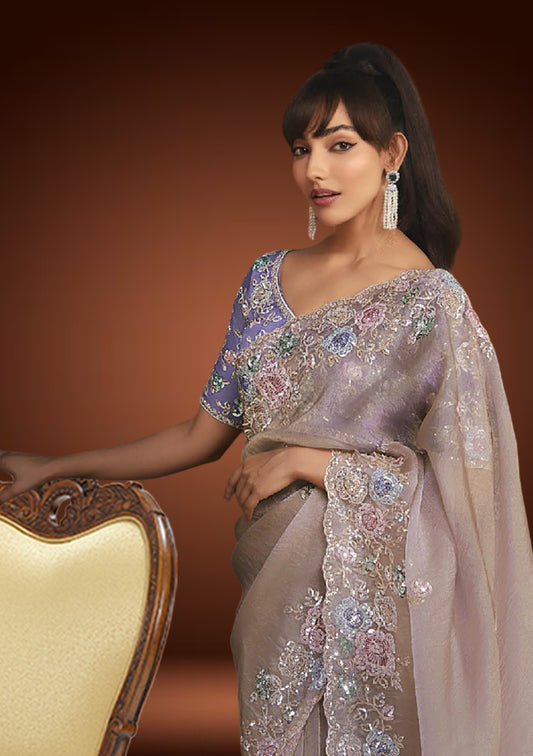 Dusty Lilac Tissue Organza Saree with Sequins Work & Pastel Lavender Blouse