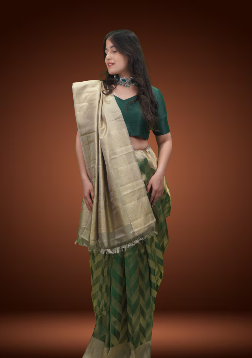 Elegant Green Kanjivaram Silk Saree with Fancy Jal Weave