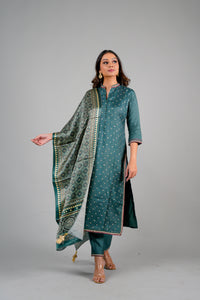 Silk straight cut kurta with ajrakh duppata
