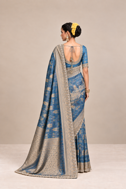 Royal Blue and Gold Woven Silk Saree with Intricate Zari Border