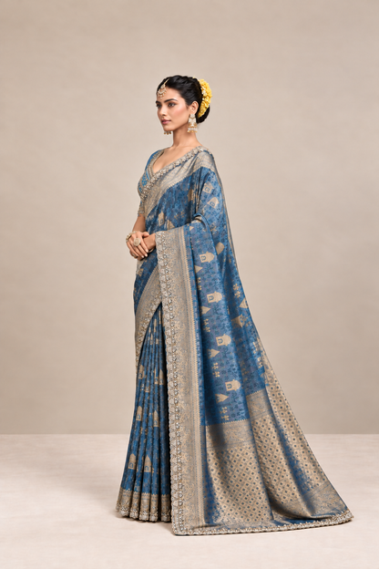Royal Blue and Gold Woven Silk Saree with Intricate Zari Border