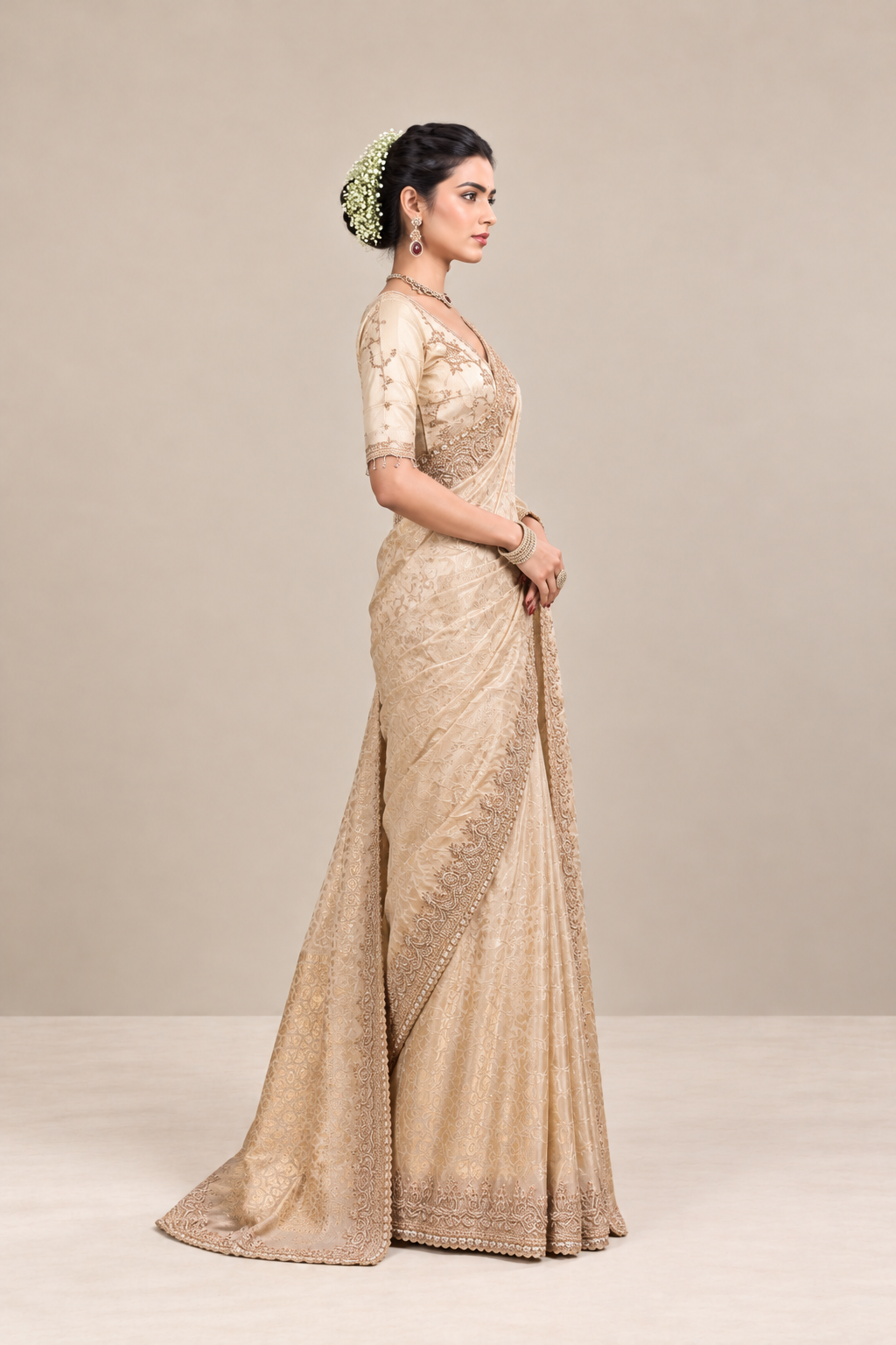 Champagne Beige Floral Woven Silk Saree with Embellished Zari Border