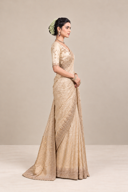 Champagne Beige Floral Woven Silk Saree with Embellished Zari Border