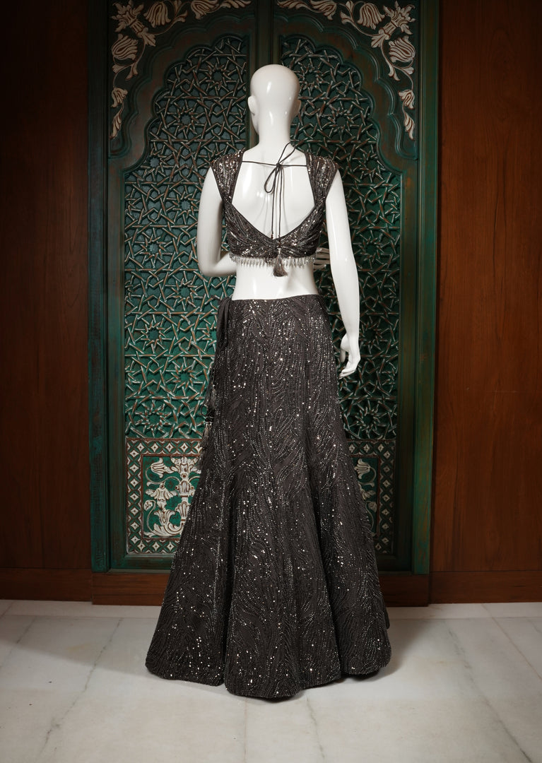 Charcoal Grey Sequined Gown with Ruffled Cape