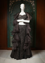 Load image into Gallery viewer, Charcoal Grey Sequined Gown with Ruffled Cape
