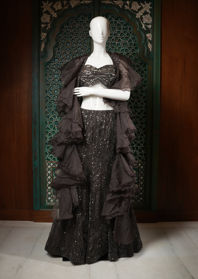 Charcoal Grey Sequined Gown with Ruffled Cape