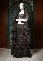 Load image into Gallery viewer, Charcoal Grey Sequined Gown with Ruffled Cape
