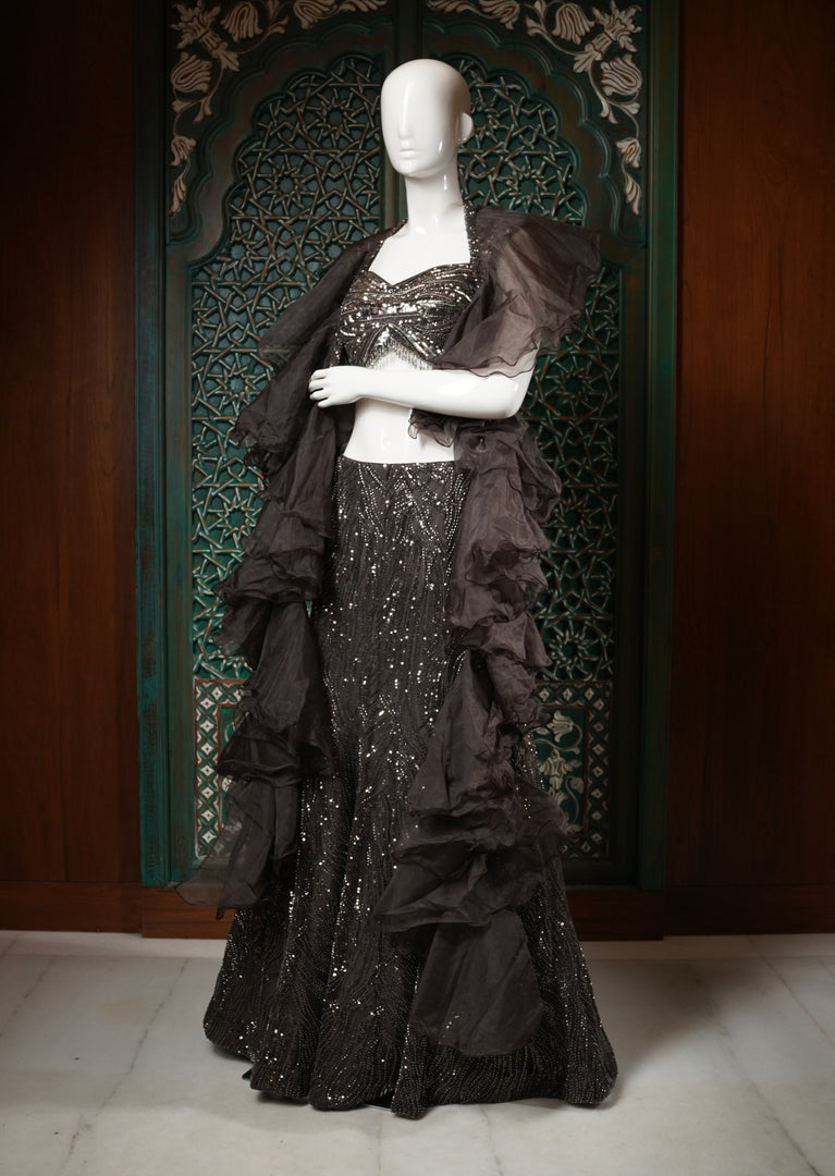 Charcoal Grey Sequined Gown with Ruffled Cape