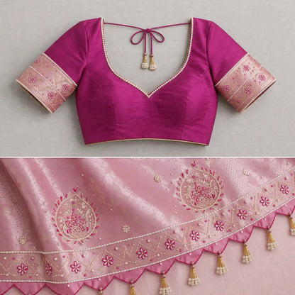 Blush Elegance Crepe Tissue Saree with Pearl Work & Tassels