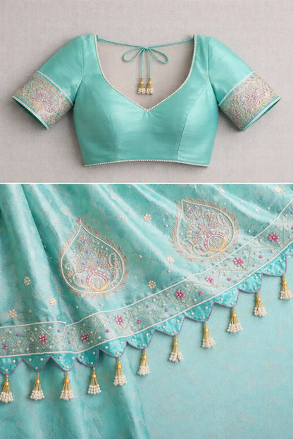 Sea Green Grace Crepe Tissue Saree with Pearl Work & Tassels