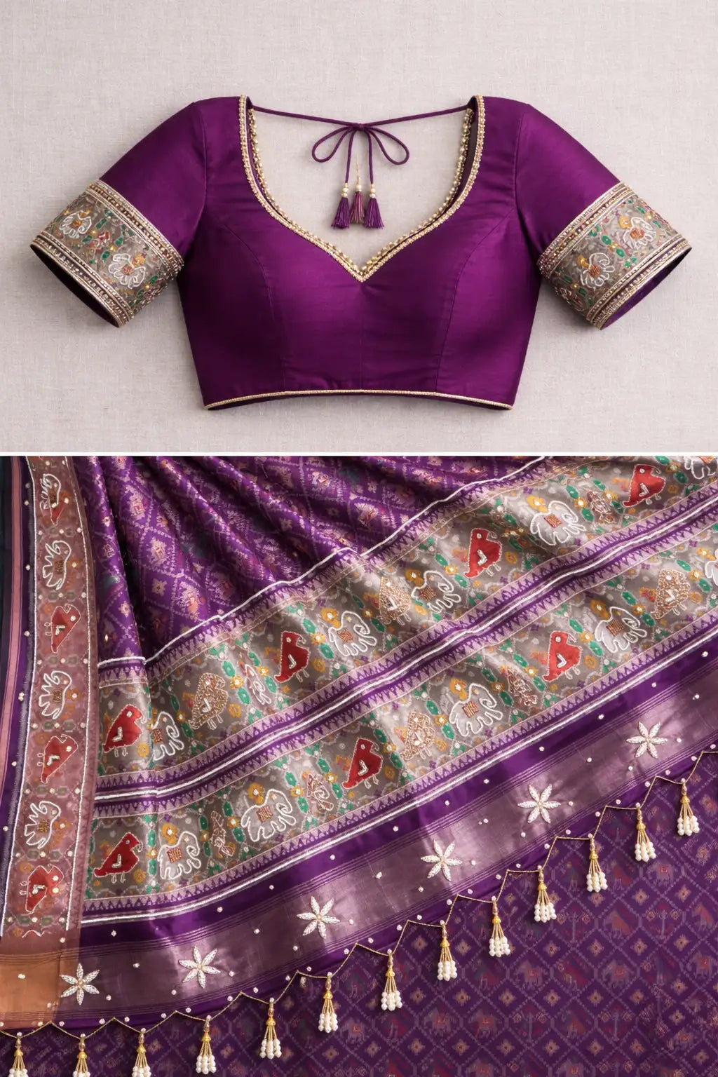 Royal Purple Patola Art Silk Saree with Pearl Work & Tassels