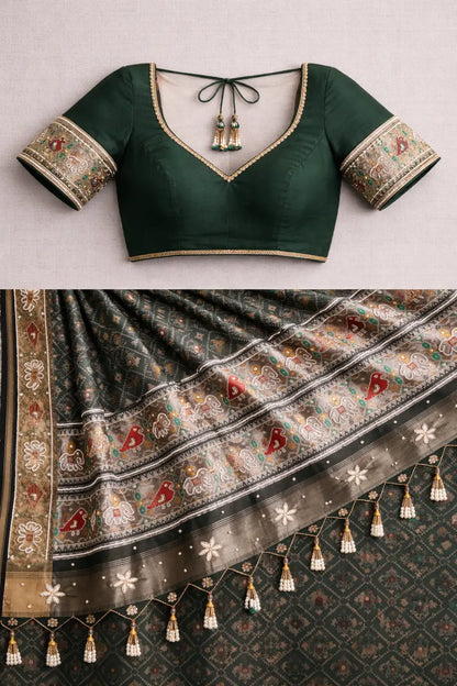 Emerald Heritage Patola Art Silk Saree with Pearl Work & Tassels