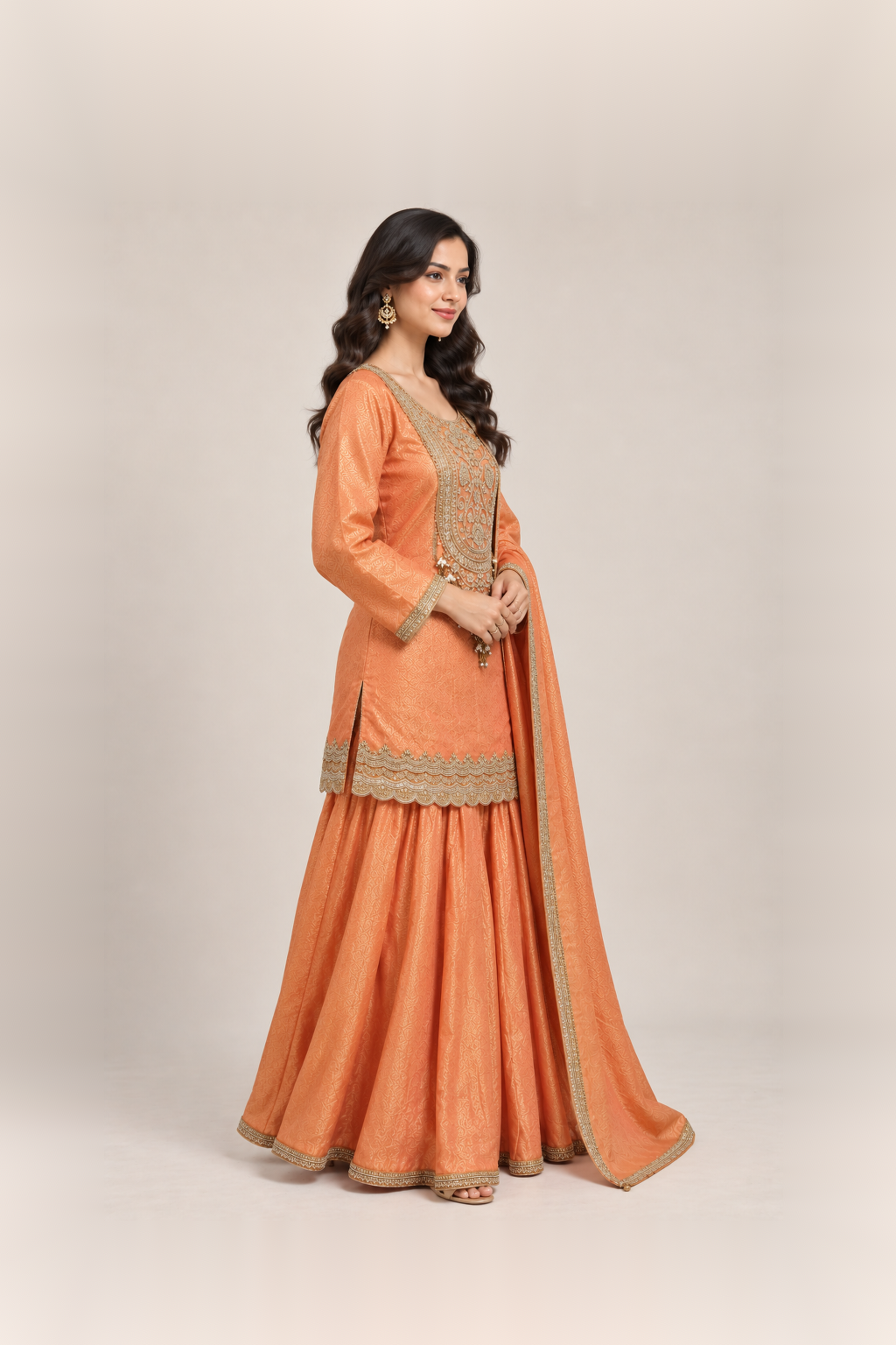 Peach Orange Embroidered Sharara Suit Set