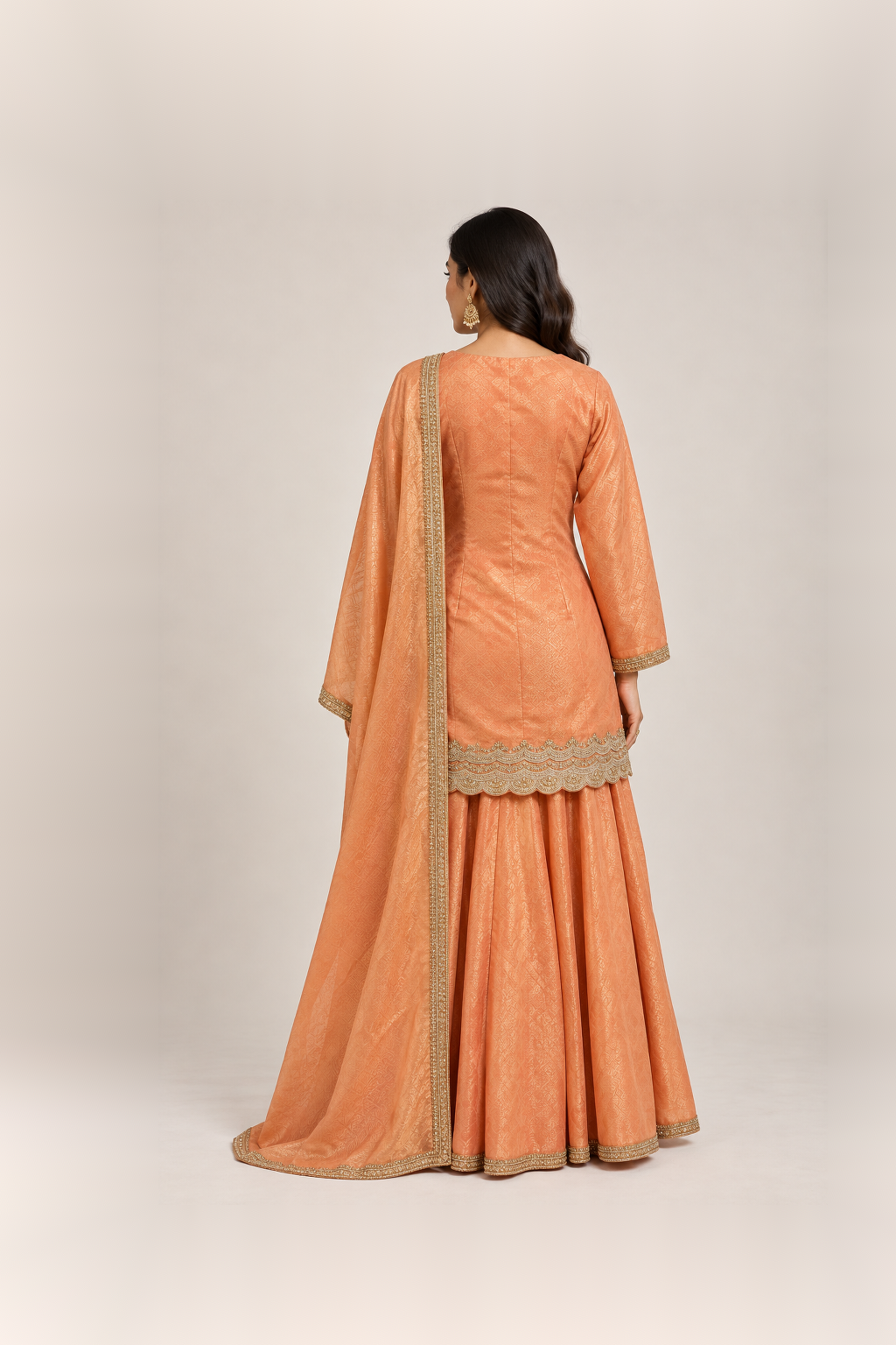 Peach Orange Embroidered Sharara Suit Set