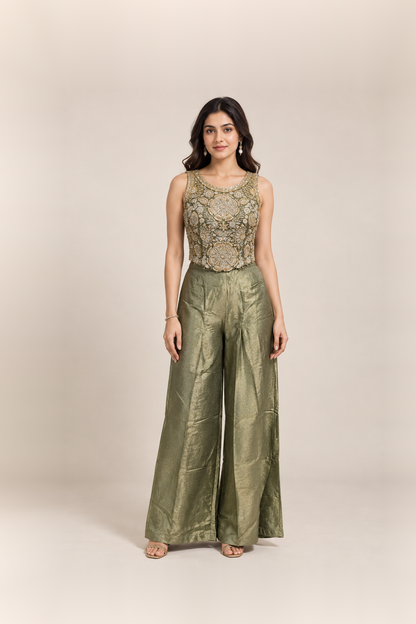Olive Green & Gold Embellished Crop Top Palazzo Set