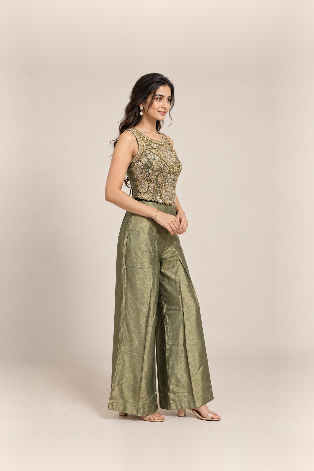 Olive Green & Gold Embellished Crop Top Palazzo Set