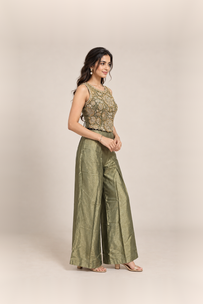 Olive Green & Gold Embellished Crop Top Palazzo Set