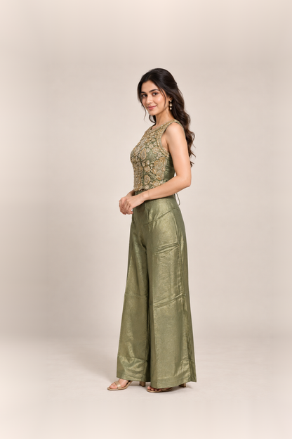 Olive Green & Gold Embellished Crop Top Palazzo Set