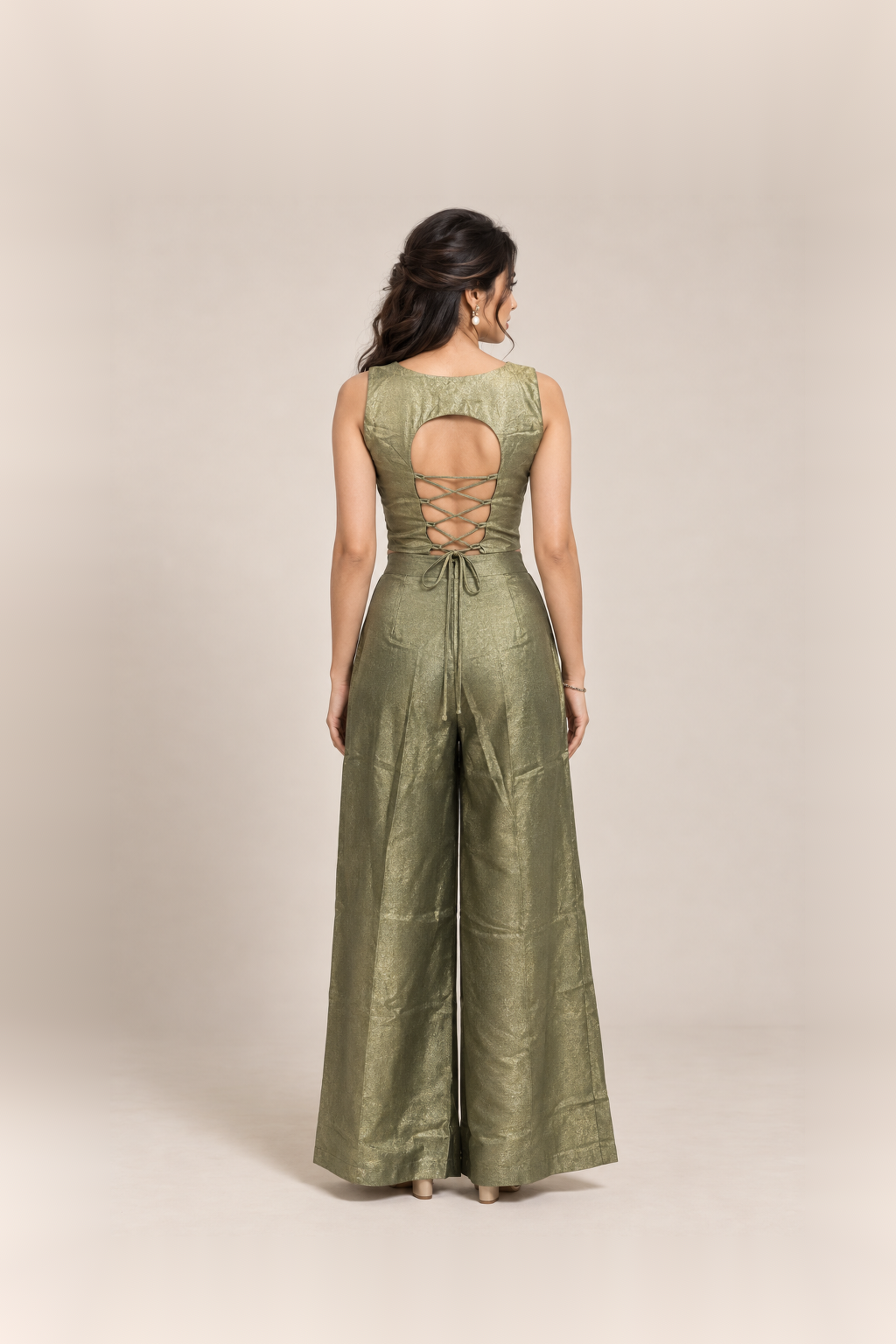 Olive Green & Gold Embellished Crop Top Palazzo Set