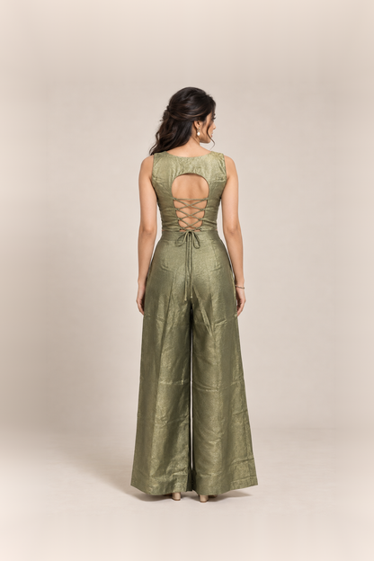 Olive Green & Gold Embellished Crop Top Palazzo Set
