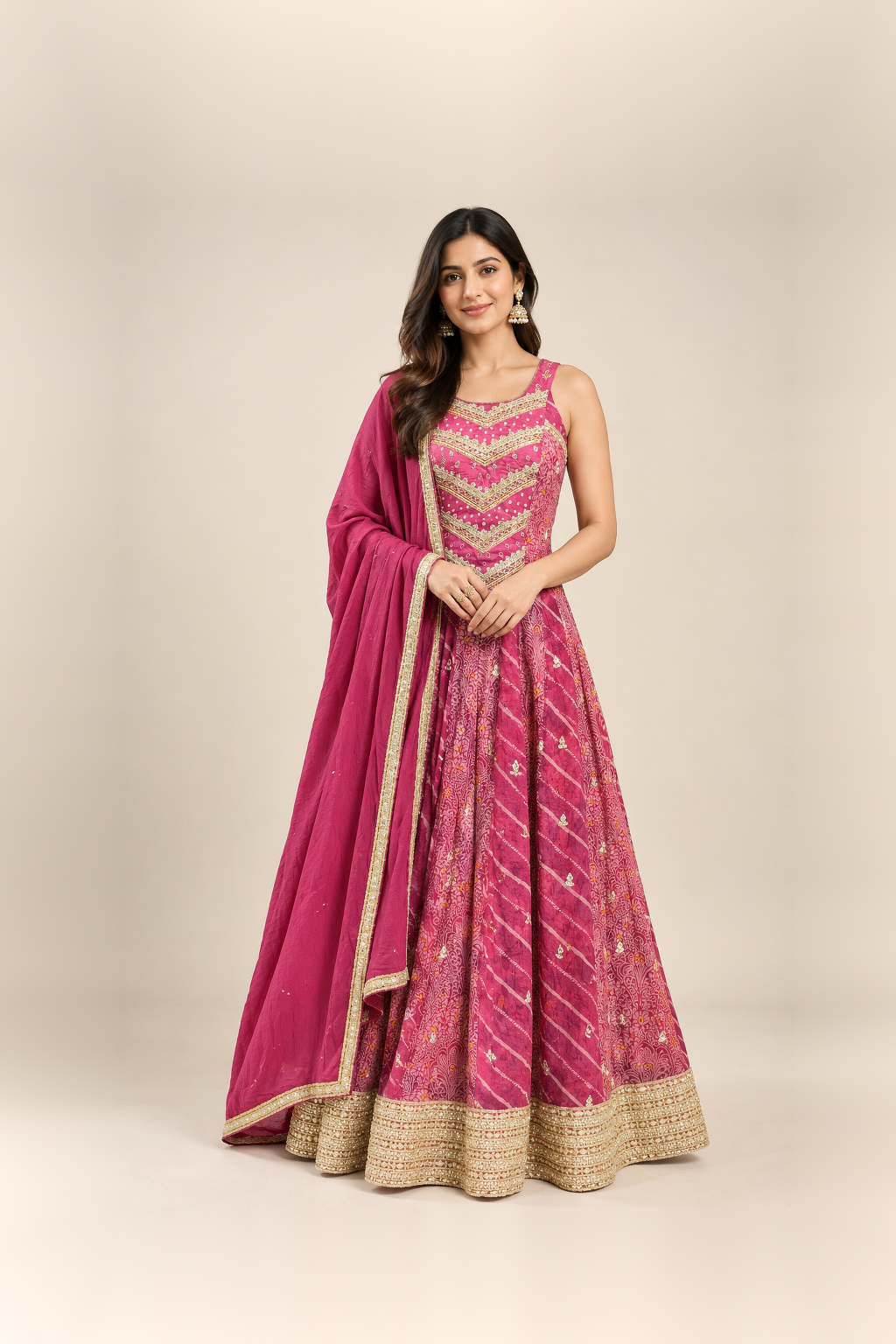 Rani Pink Printed Anarkali Suit