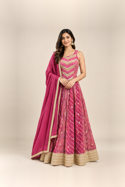 Rani Pink Printed Anarkali Suit