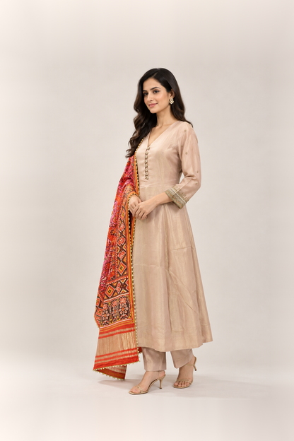Ivory Beige & Multicolour Printed Suit Set