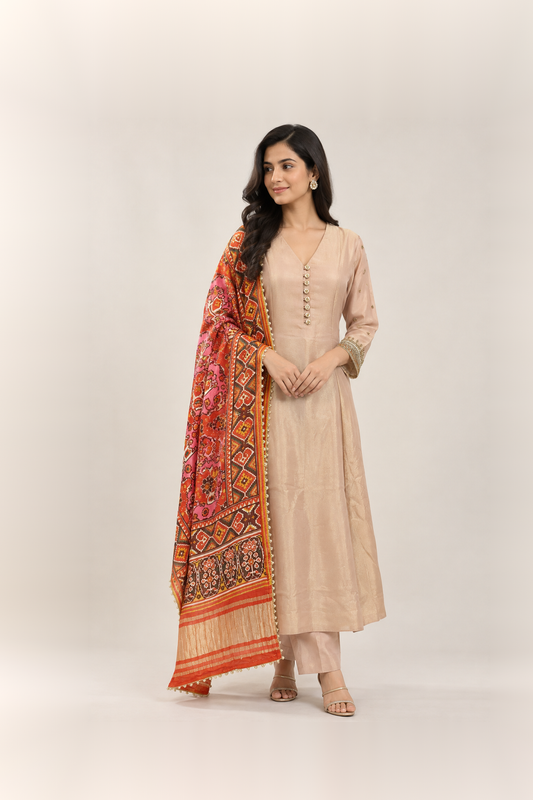 Ivory Beige & Multicolour Printed Suit Set