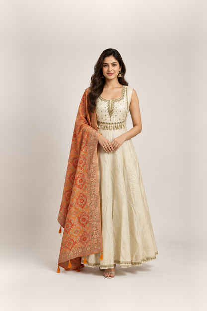 Ivory & Rust Orange Embellished Anarkali Suit Set