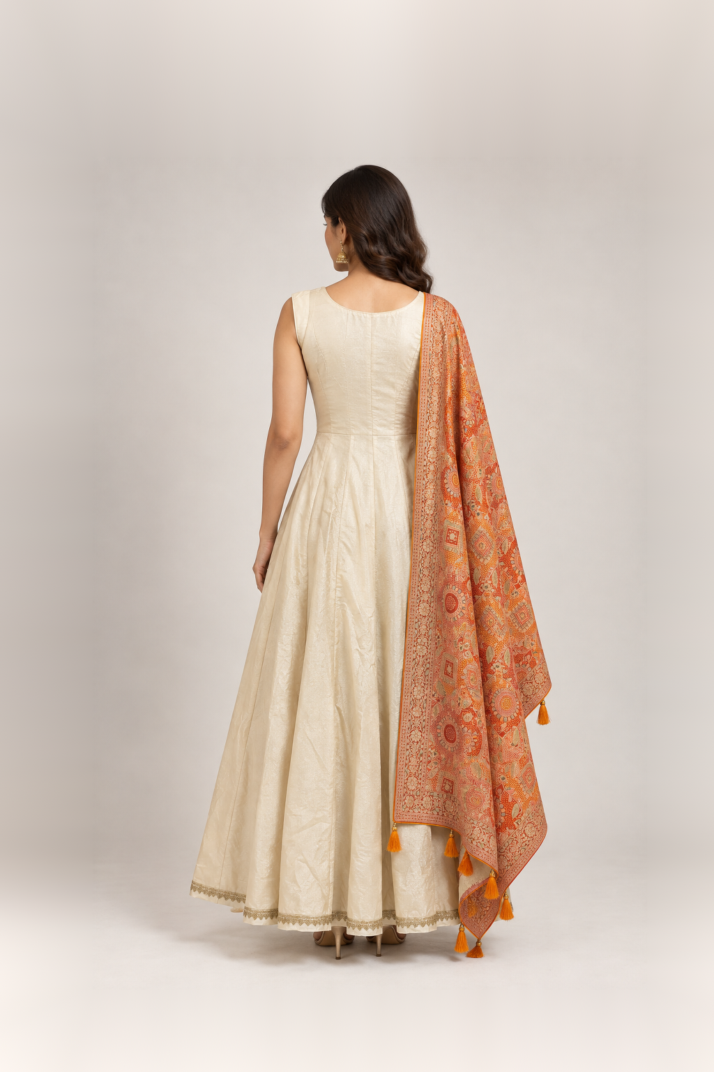 Ivory & Rust Orange Embellished Anarkali Suit Set
