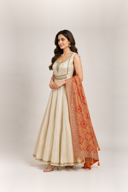 Ivory & Rust Orange Embellished Anarkali Suit Set