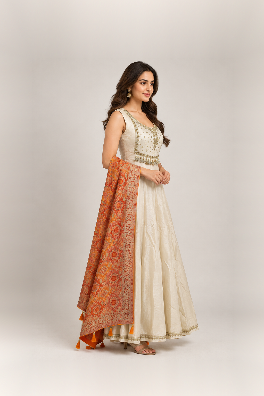 Ivory & Rust Orange Embellished Anarkali Suit Set