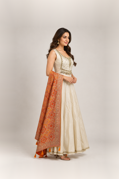 Ivory & Rust Orange Embellished Anarkali Suit Set