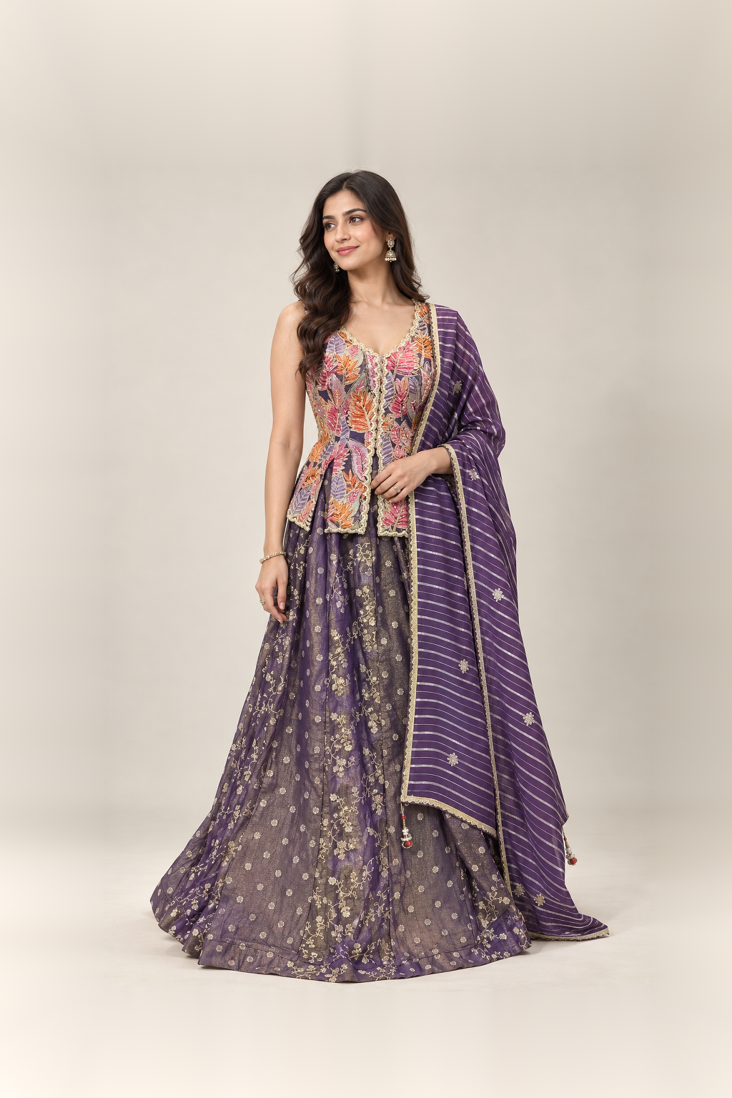 Royal Purple & Multicolour Embroidered Lehenga Set