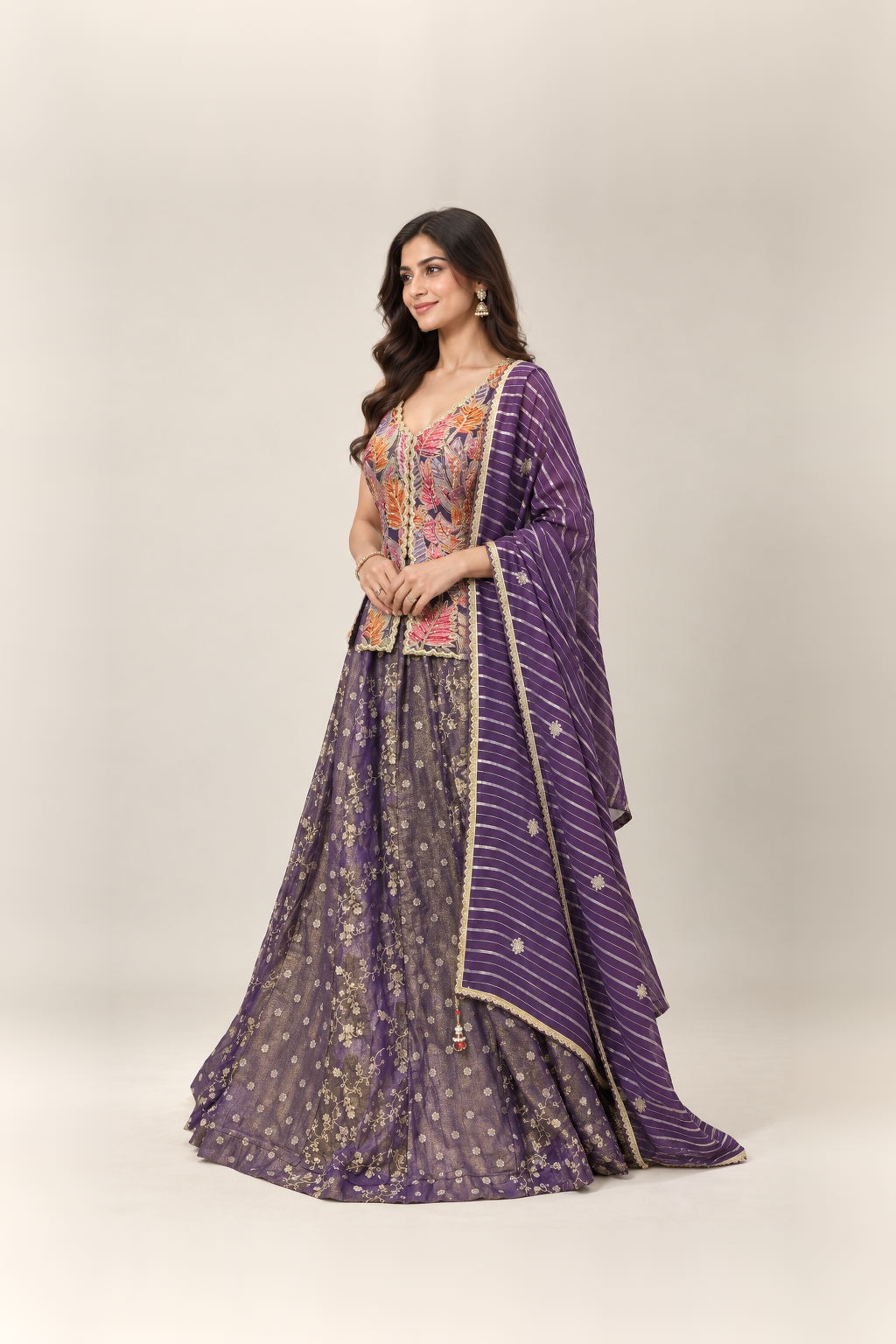 Royal Purple & Multicolour Embroidered Lehenga Set
