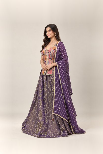 Royal Purple & Multicolour Embroidered Lehenga Set