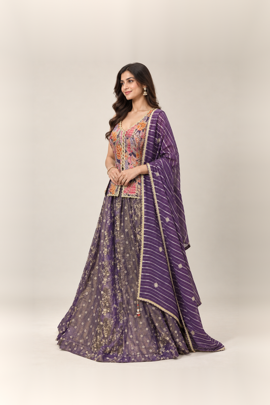Royal Purple & Multicolour Embroidered Lehenga Set