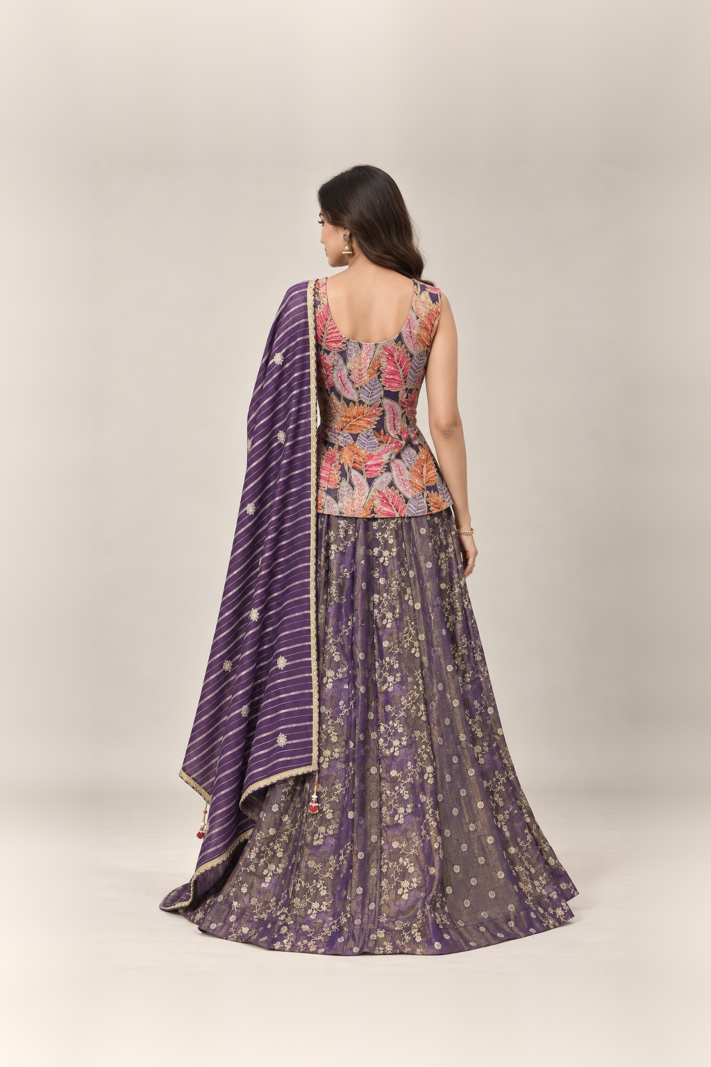 Royal Purple & Multicolour Embroidered Lehenga Set