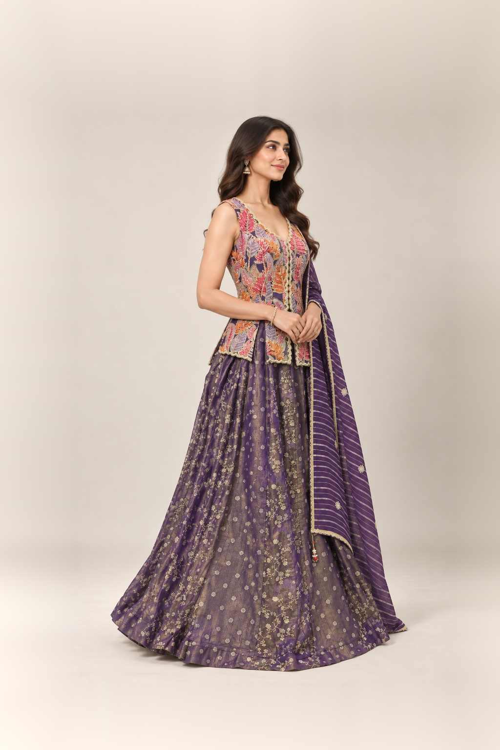 Royal Purple & Multicolour Embroidered Lehenga Set