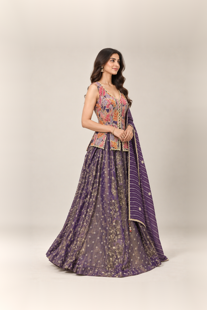 Royal Purple & Multicolour Embroidered Lehenga Set