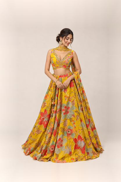 Sunshine Yellow Floral Silk Blend Lehenga Set
