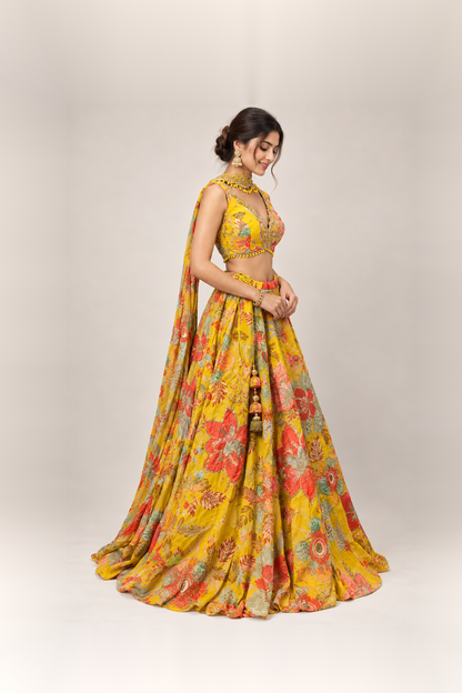 Sunshine Yellow Floral Silk Blend Lehenga Set