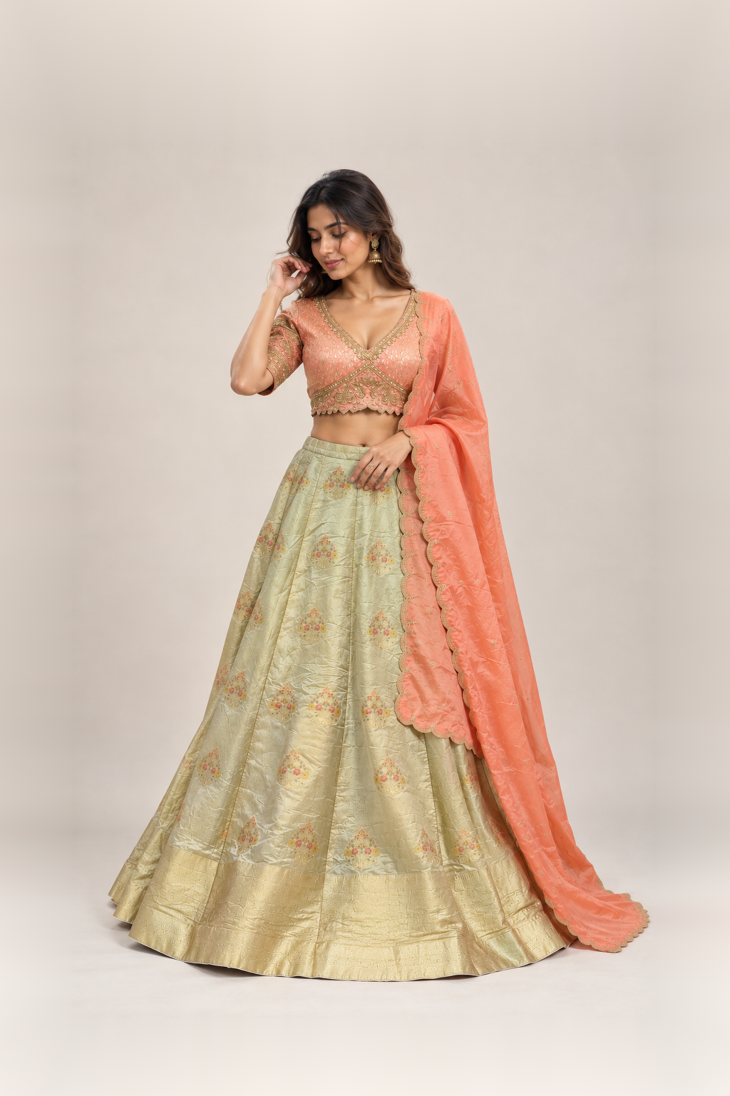 Peach & Sage Green Banarasi Elegance Lehenga Set
