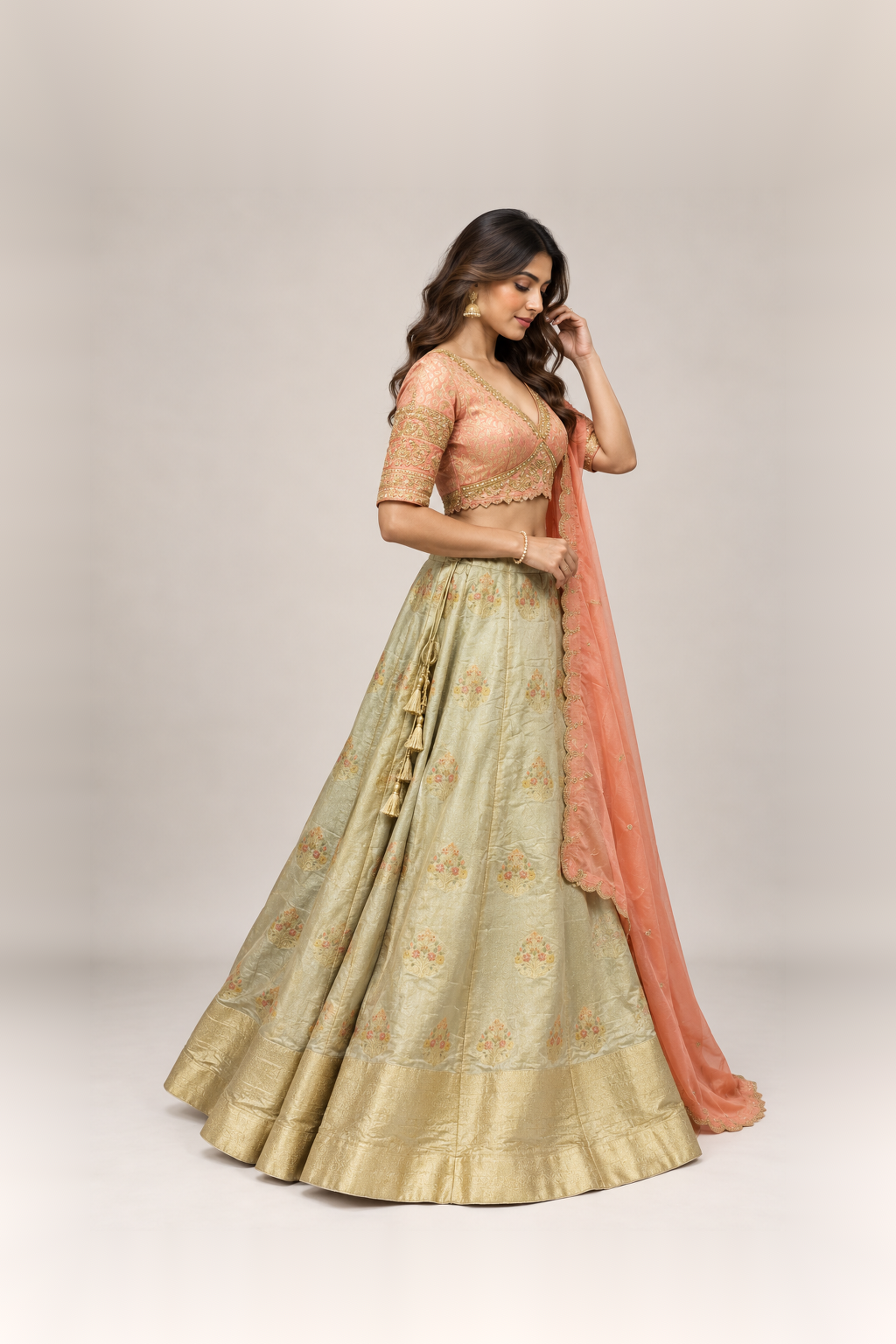 Peach & Sage Green Banarasi Elegance Lehenga Set