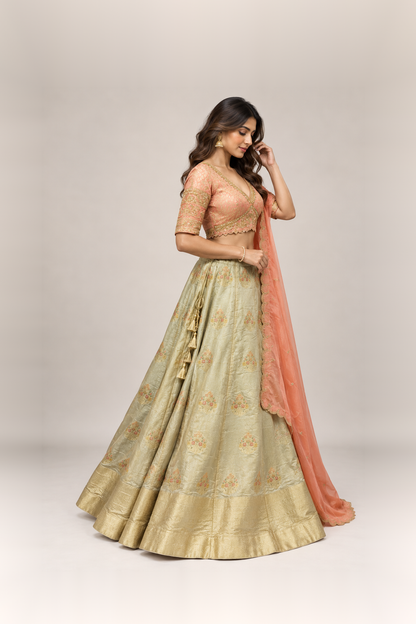 Peach & Sage Green Banarasi Elegance Lehenga Set