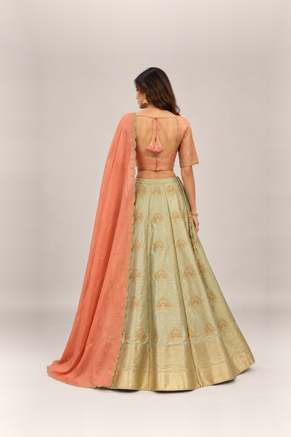 Peach & Sage Green Banarasi Elegance Lehenga Set