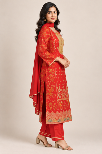 Royal Red & Gold Printed Kurta Trouser Set